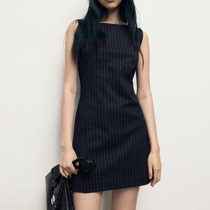 Mango Navy and White Striped Midi Dress